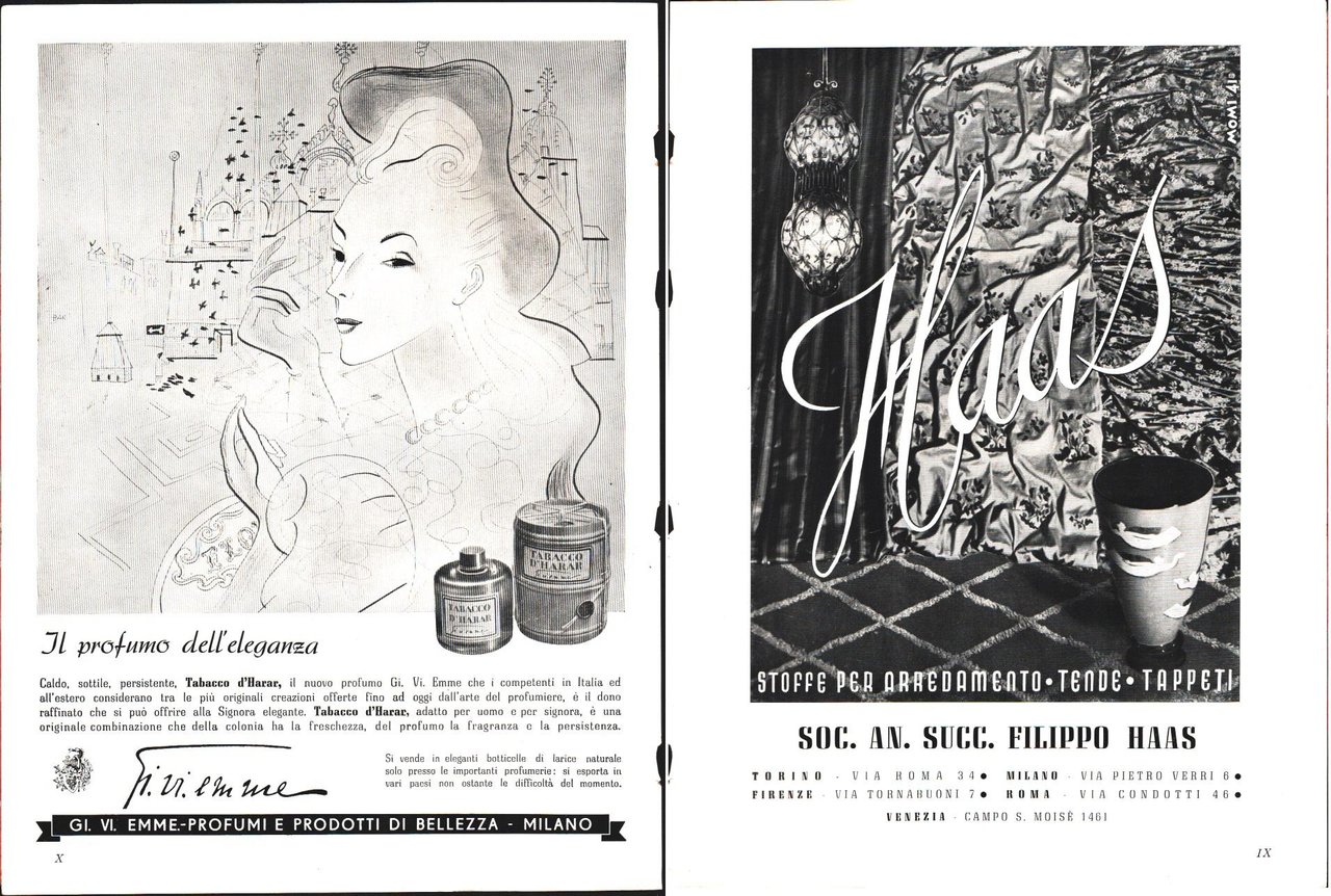 Gi.Vi.Emme profumi / F. Haas stoffe per arredamento. Pubblicità 1941