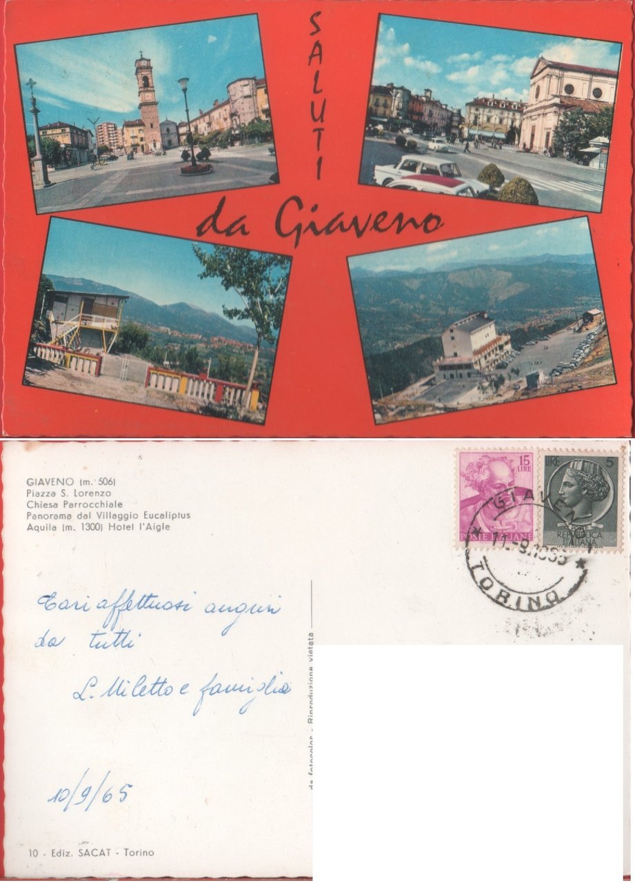 Giaveno (TO). Saluti. Viaggiata 1965