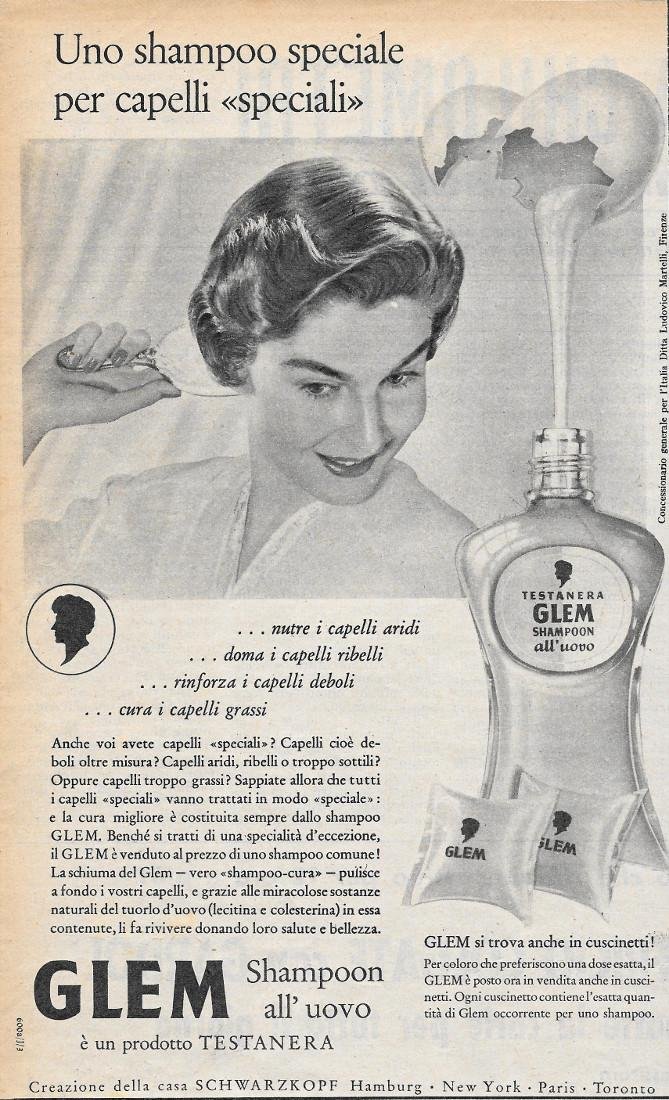 Glem Shampoo all'uovo è un prodotto Testanera.. Advertising 1956