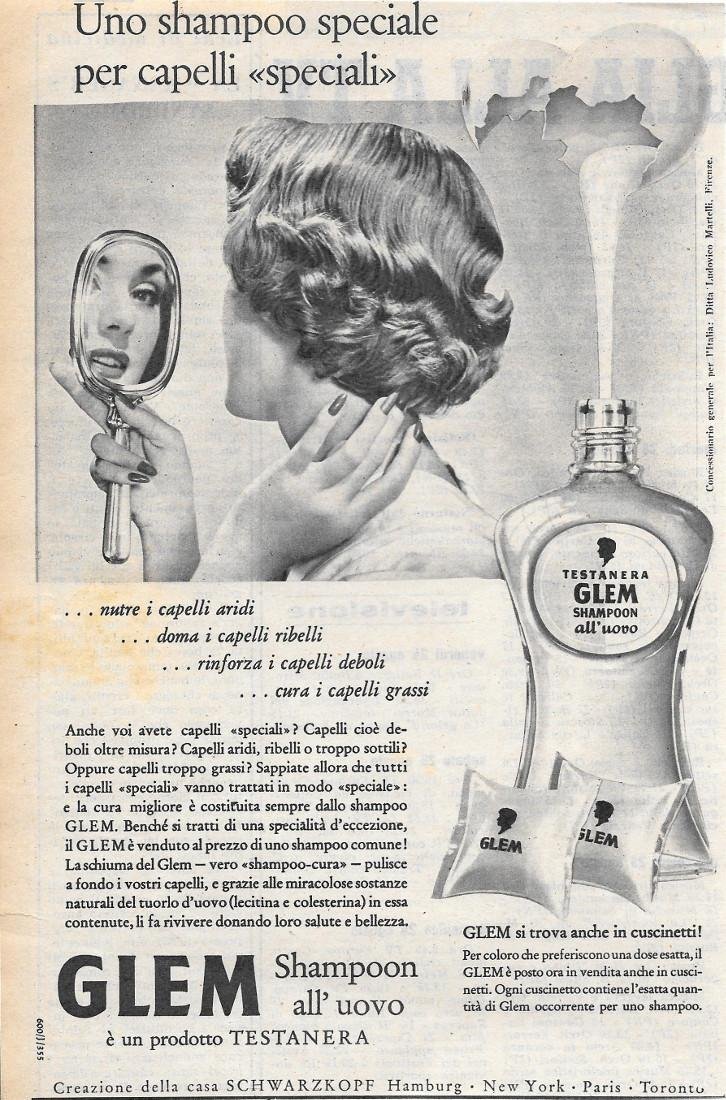 Glem. Uno shampoon all'uovo. Advertising 1956