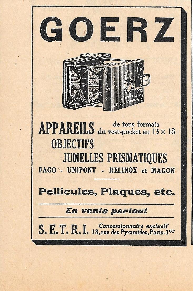 Goerz. Appareils, objetifs, jumelle prismatiques. Pubblicita 1926 | Immagine principale