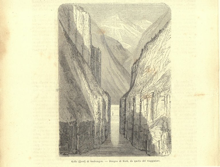 Golfo (fjord) di Gudvangen (Norvegia). Stampa 1863. Dis. Dorè