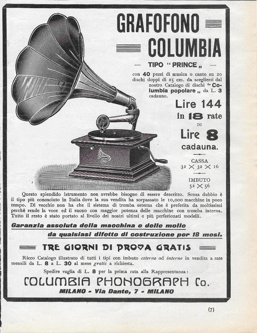 Grafofono Columbia. Tipo Prince. Advertising 1912