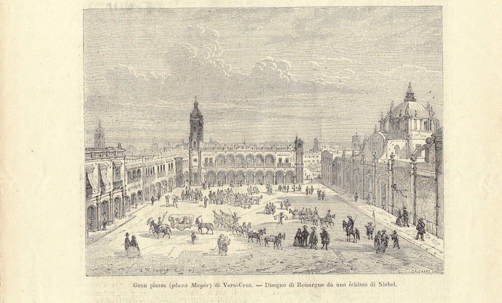 Gran piazza (plaza Mayor) di Vera Cruz (Messico). Illustrazione 1864