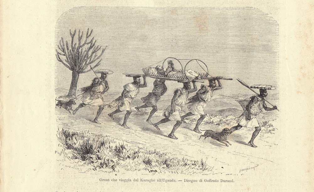 Grant che viaggia dal Kareghé all'Uganda. Illustrazione 1864