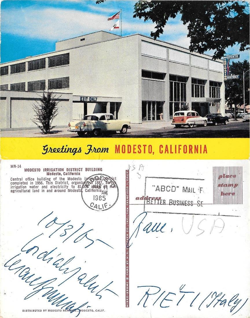 Greetings from Modesto. California. Viaggiata 1965 auto