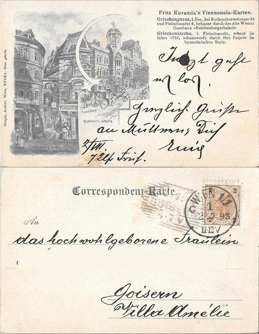 Griechengasse, Griechenkirche. Fritz Kuranda's Viennensia-Karten. Viaggiata 1898