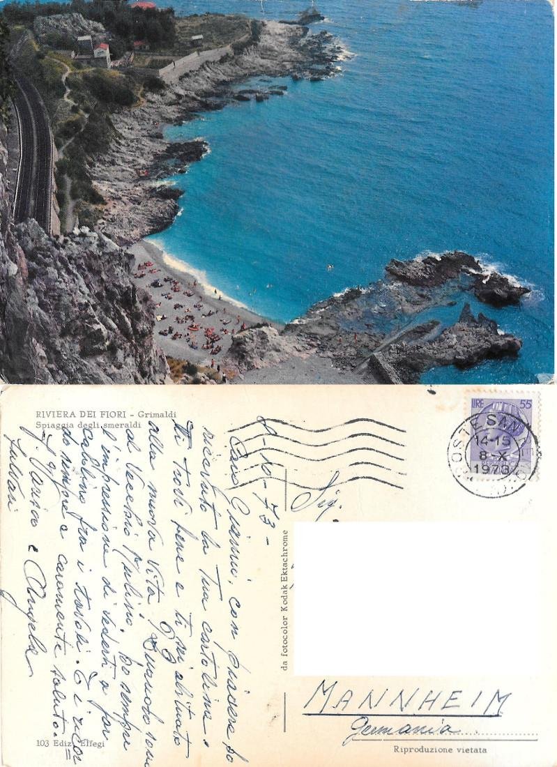 Grimaldi (IM). Spiaggia degli smeraldi. Viaggiata 1973