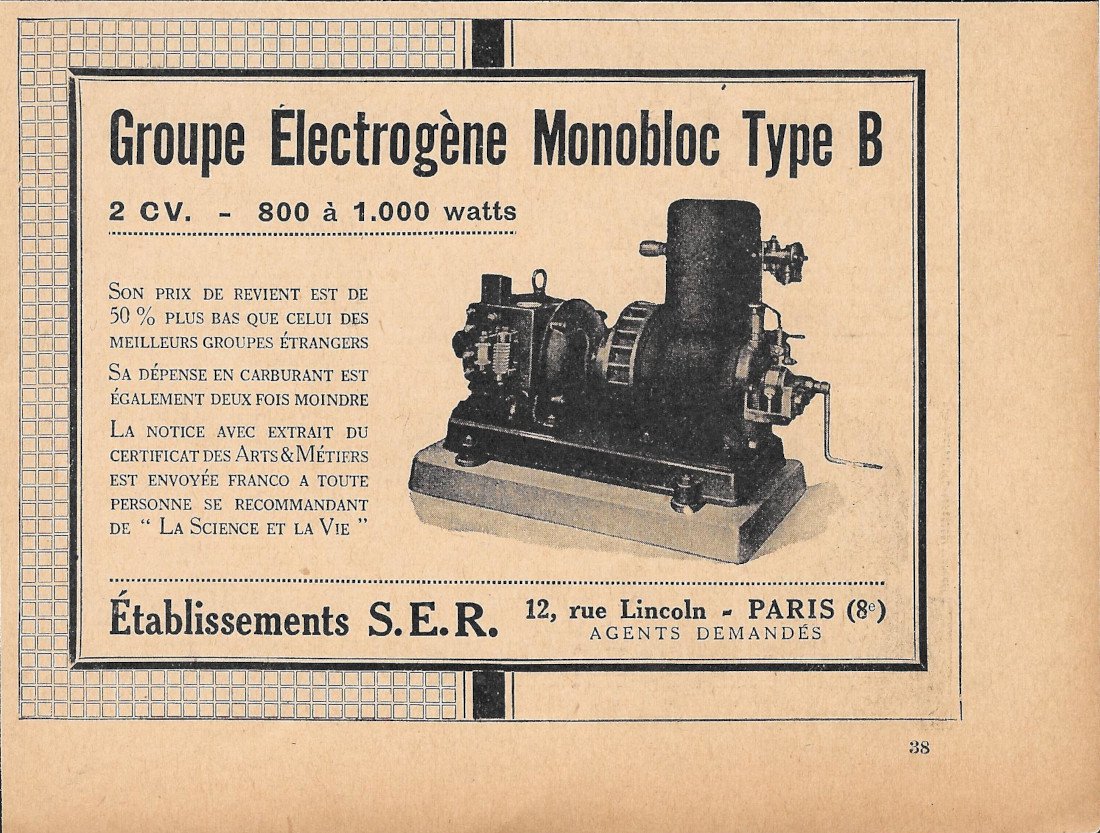 Groupe Electrogène Monobloc Type B, etab. SER - Advertising 1928