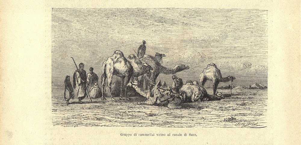 Gruppo di cammellai vicino al canale di Suez. Stampa 1863. | Immagine principale