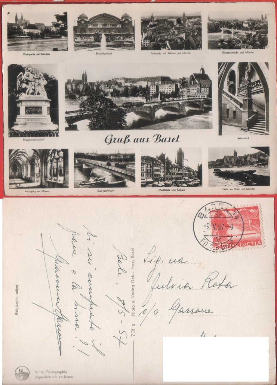 Gruss aus Basel. Viaggiata 1957