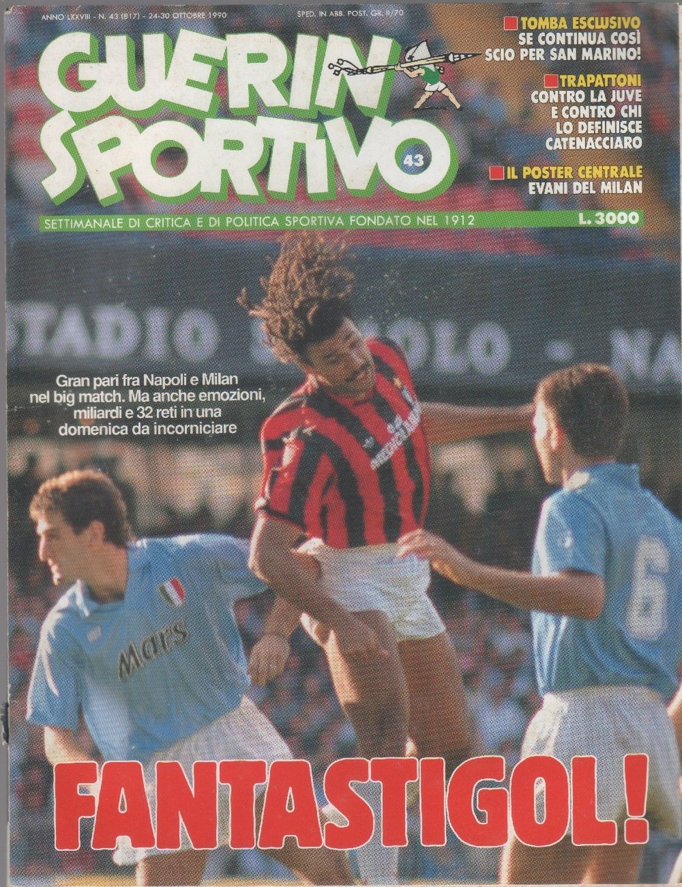 Guerin Sportivo n. 43. 1990 doppia pagina centrale poster Evani