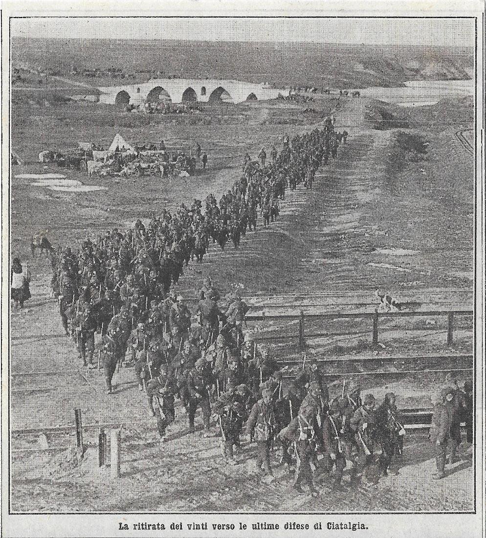 Guerra balcanica. La ritirata dei vinti verso Ciatalgia. Stampa 1912