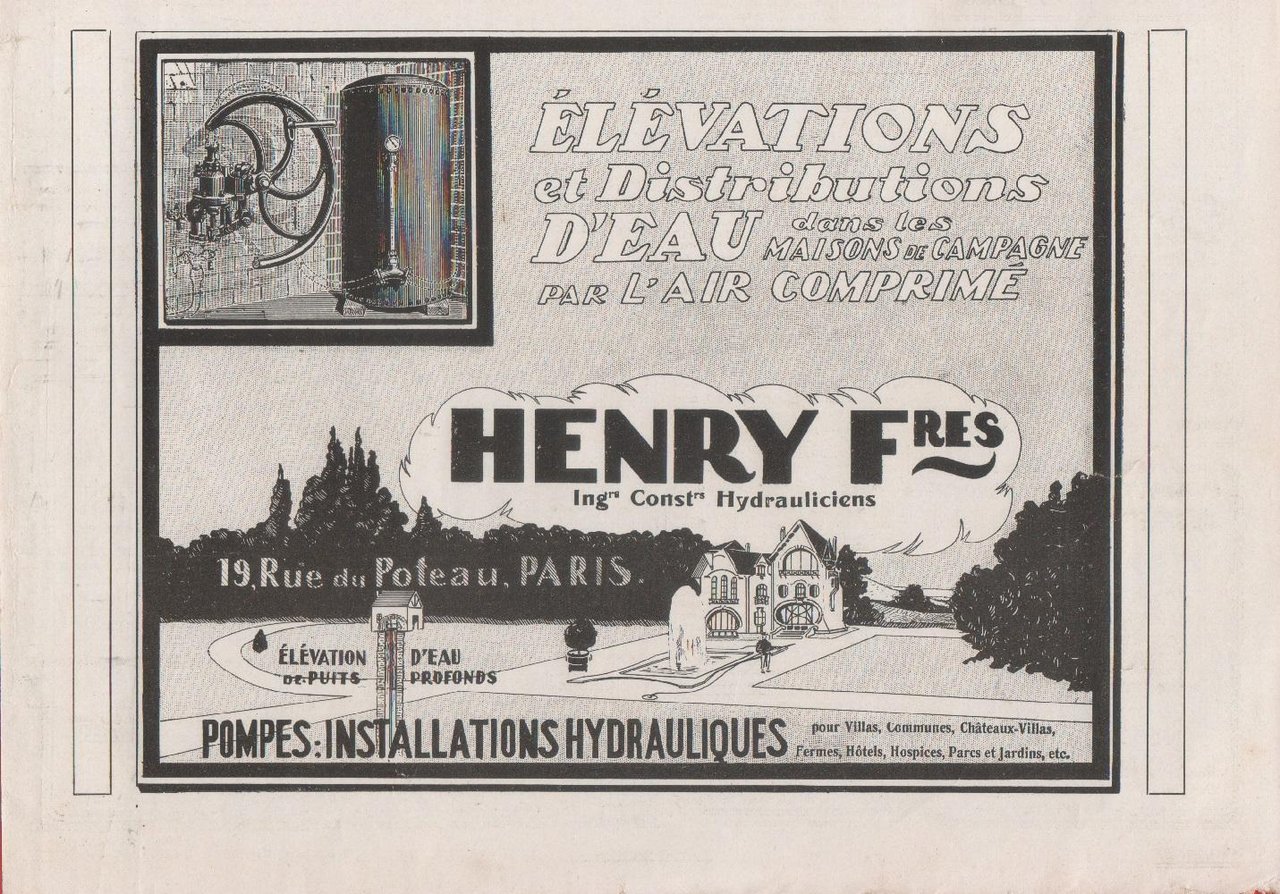 Henry F.res. Pompes, installations hydrauliques. Advertising 1912