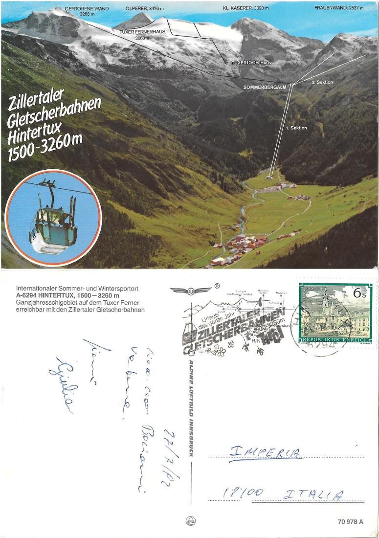 Hintertux (Austria). Ganzjahresschgebeit auf dem Tuxer Fermer. Viaggiata 1992