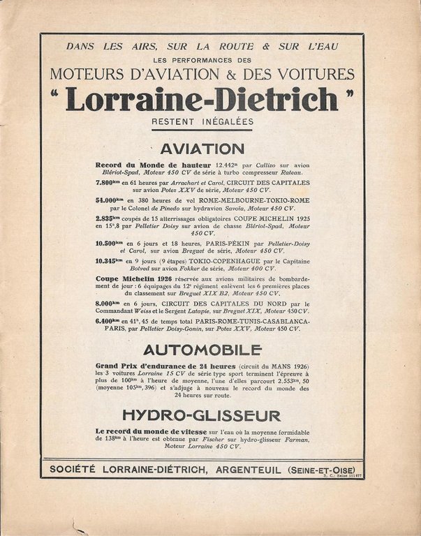 Hispano-Suiza/Moteurs Lorraine-Dietrich. Advertising 1927 fronte/retro