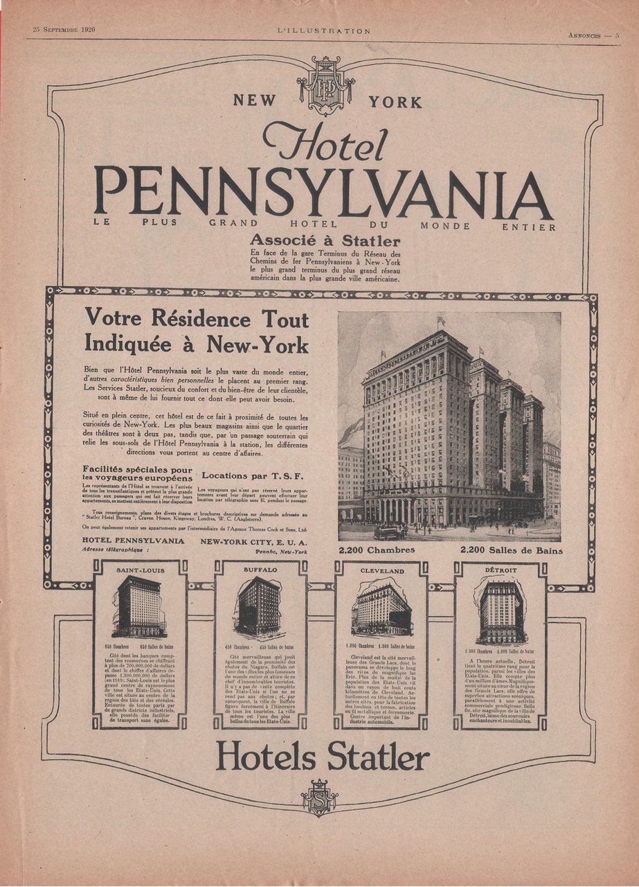 Hotel Pennsylvania New York. Advertising 1920