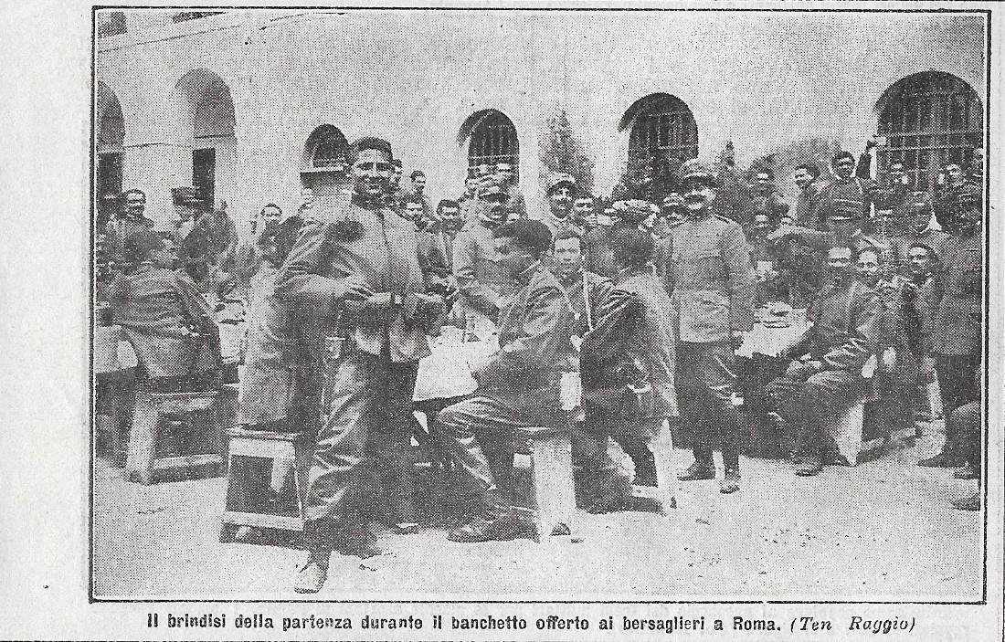 Il brindisi della partenza dei bersaglieri a Roma. Advertising 1911