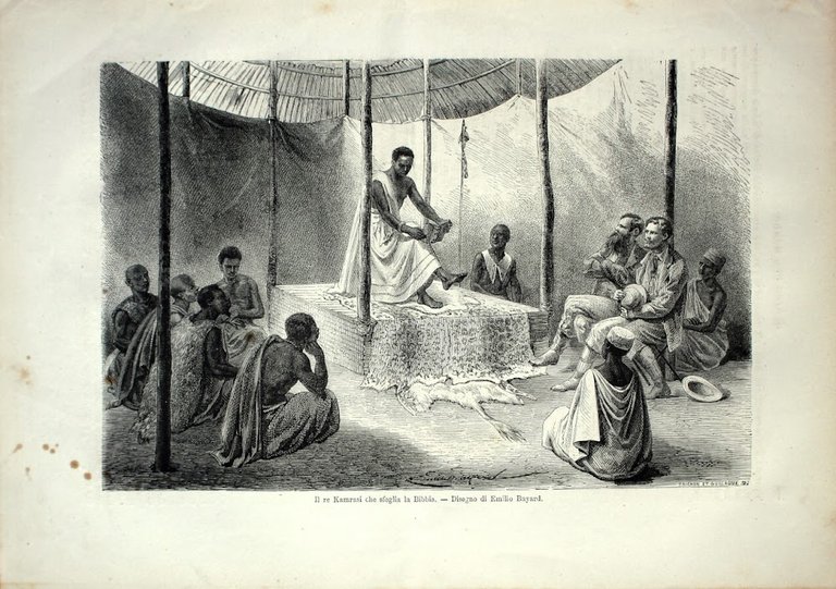 Il re Kamrasi che sfoglia la Bibbia (sped. Speke). Stampa 1864