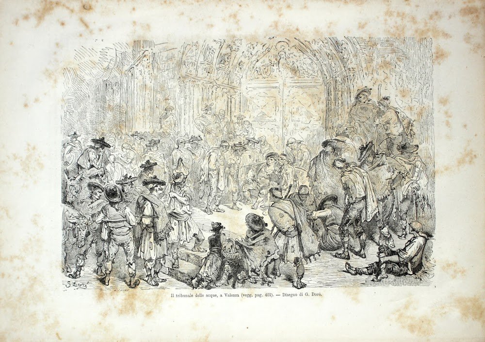 Il tribunale delle acque, a Valenza (Spagna). Stampa 1864