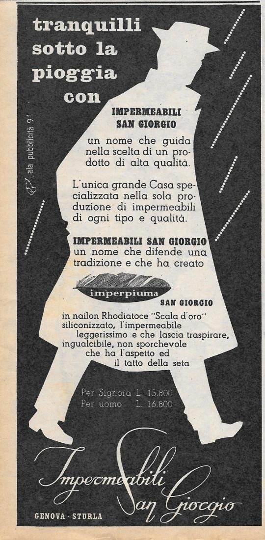 Impermeabili San Giorgio, Tranquilli sotto la pioggia. Advertising 1956