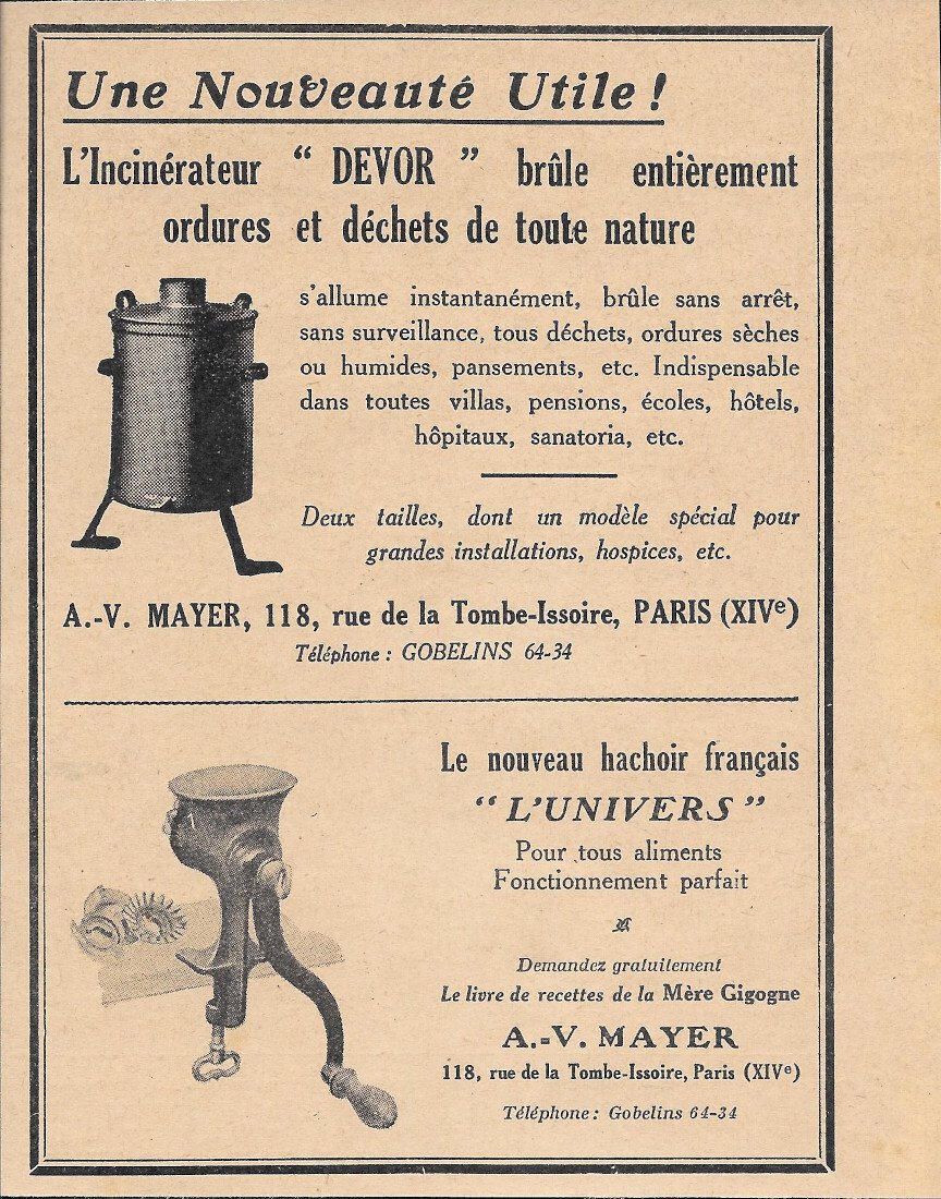 Incinerateur Devor; hanchoir L'Univers - Advertising 1928