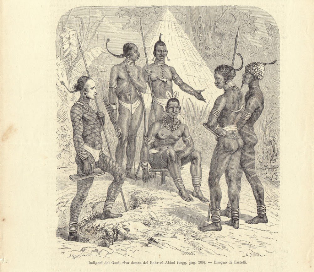 Indigeni del Gani, riva destra del Bahr-el-Abiad (Nilo Bianco). Illustrazione …