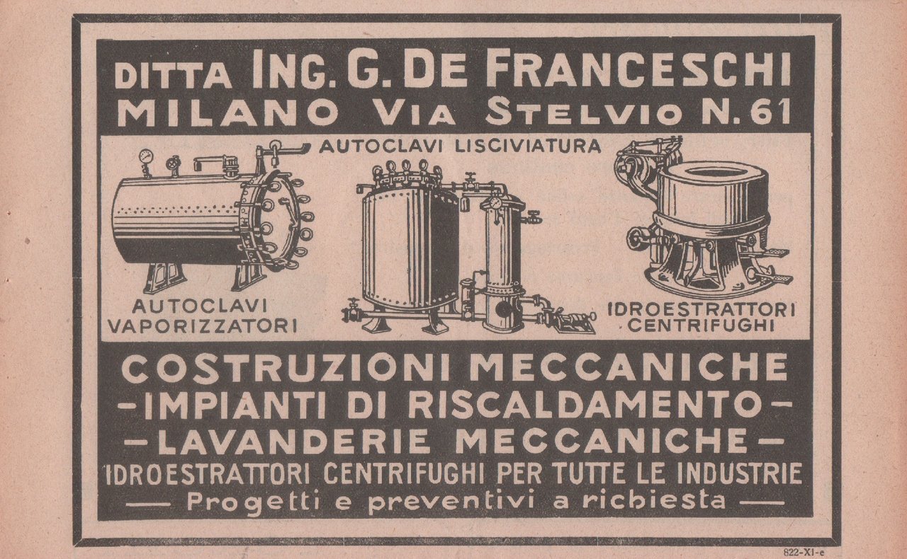 Ing. G. De Franceschi. Costruzioni meccaniche. Milano. Advertising 1926