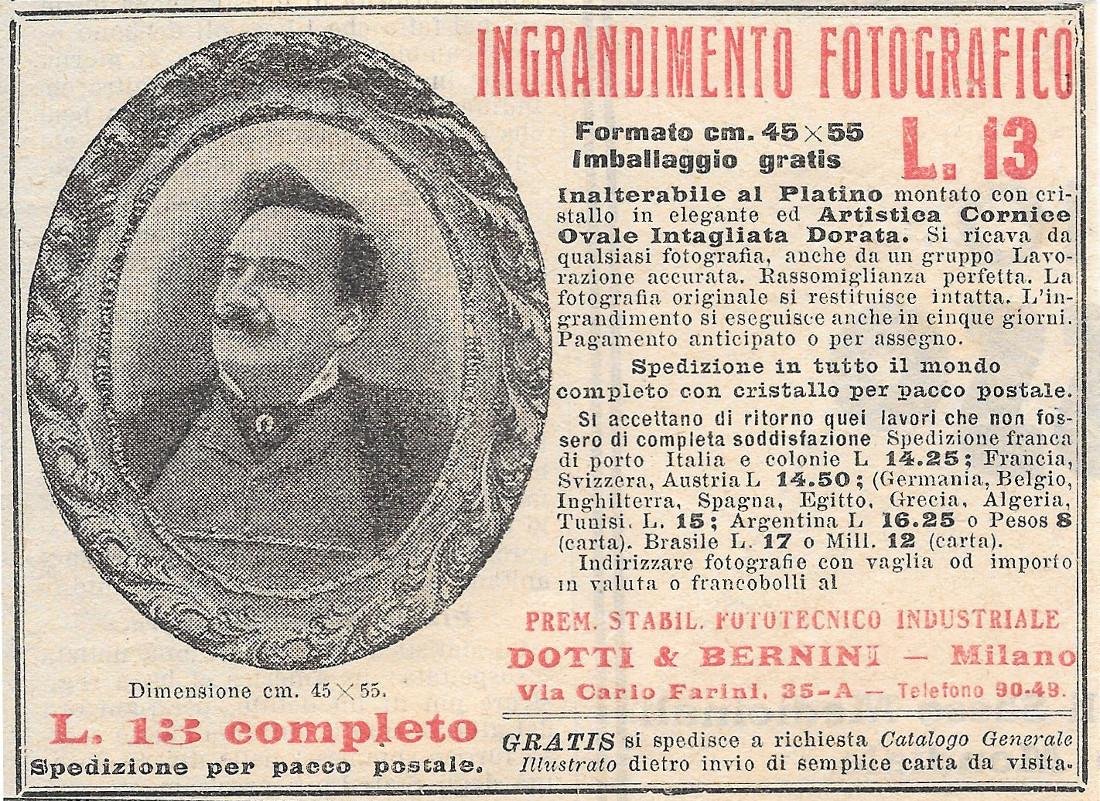 Ingrandimento fotografico formato cm 45x55. Advertising 1912
