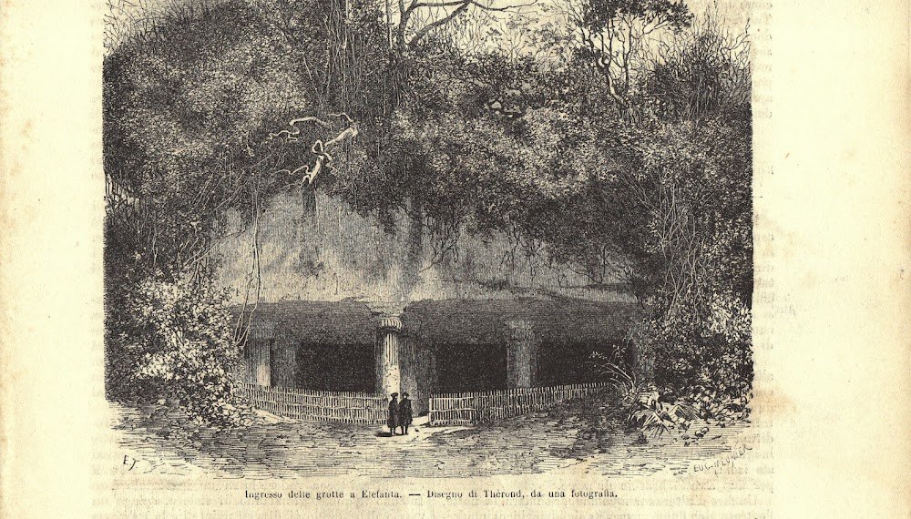 Ingresso delle grotte a Elefanta (Malabar). Stampa 1863.
