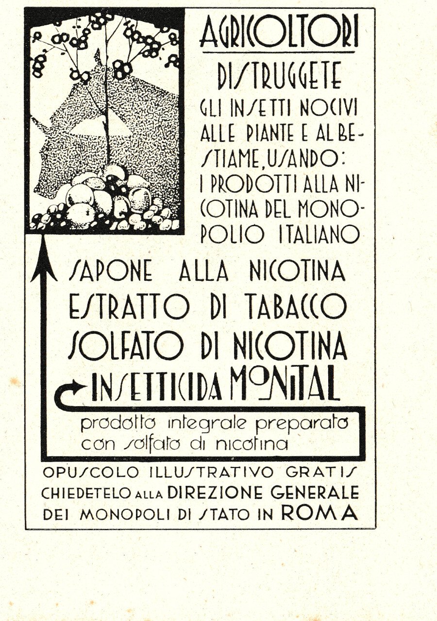 Insetticidi alla nicotina del Monopolio Italiano. Advertising 1936