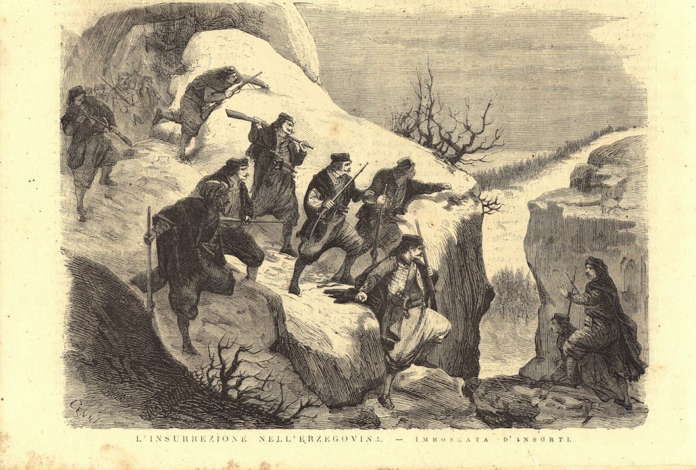 Insurreione dell'Erzegovina, imboscata d'insorti. Stampa 1876