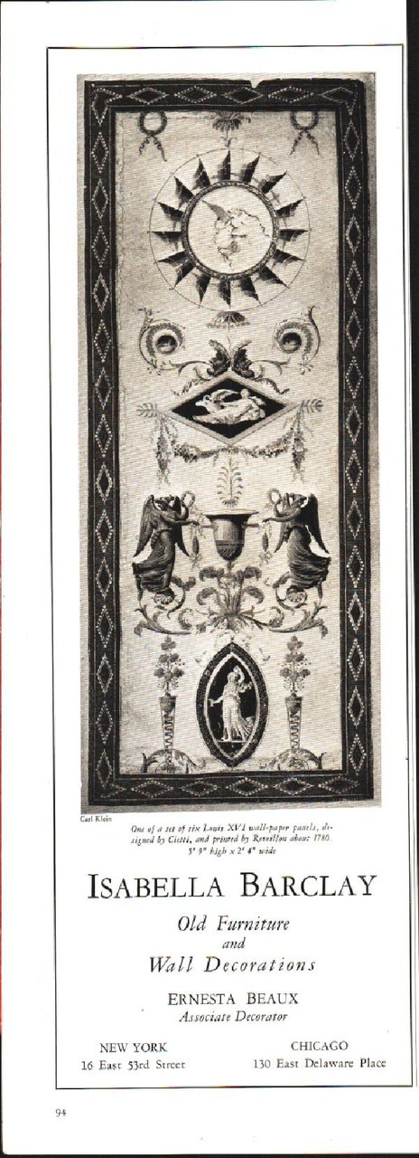 Isabella Barclay. Old Furniture and Wall Decorations. New York/Chicago. Pubblicità …