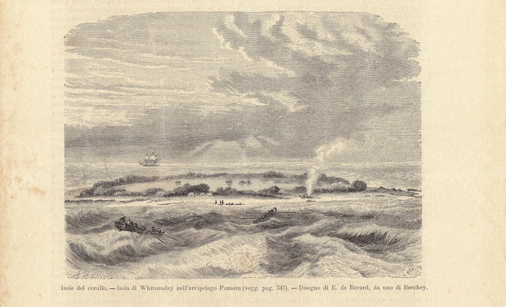 Isole del corallo. Isola di Whitsunday nell'arcipelago Pomotu. Illustrazione 1864