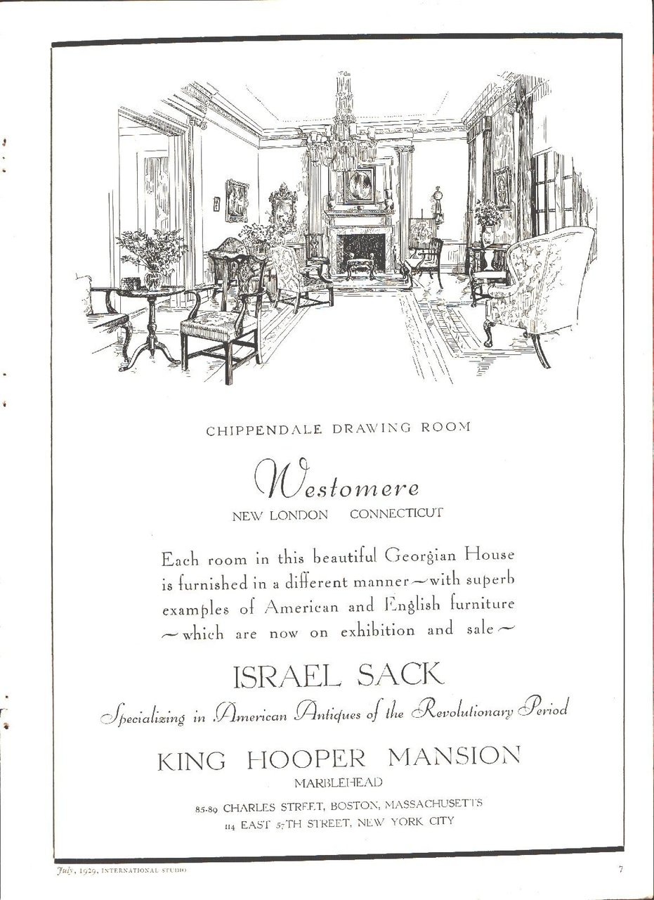 Israel Sack specializing in American Antiques. Pubblicità 1930