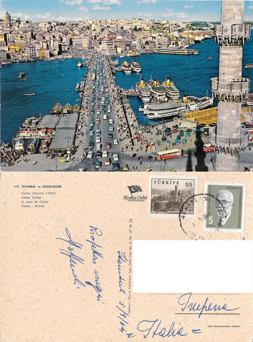 Istanbul. Ponte di Galata. Viaggiata 1964. Auto, navi, bus