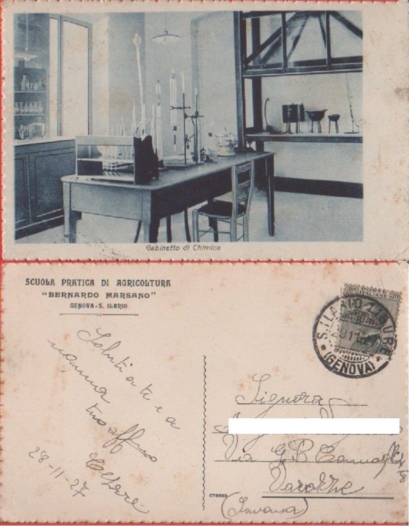 Istituto Agricoltura B. Marsano. Genova. Gabinetto di Chimica. Viaggiata 1927