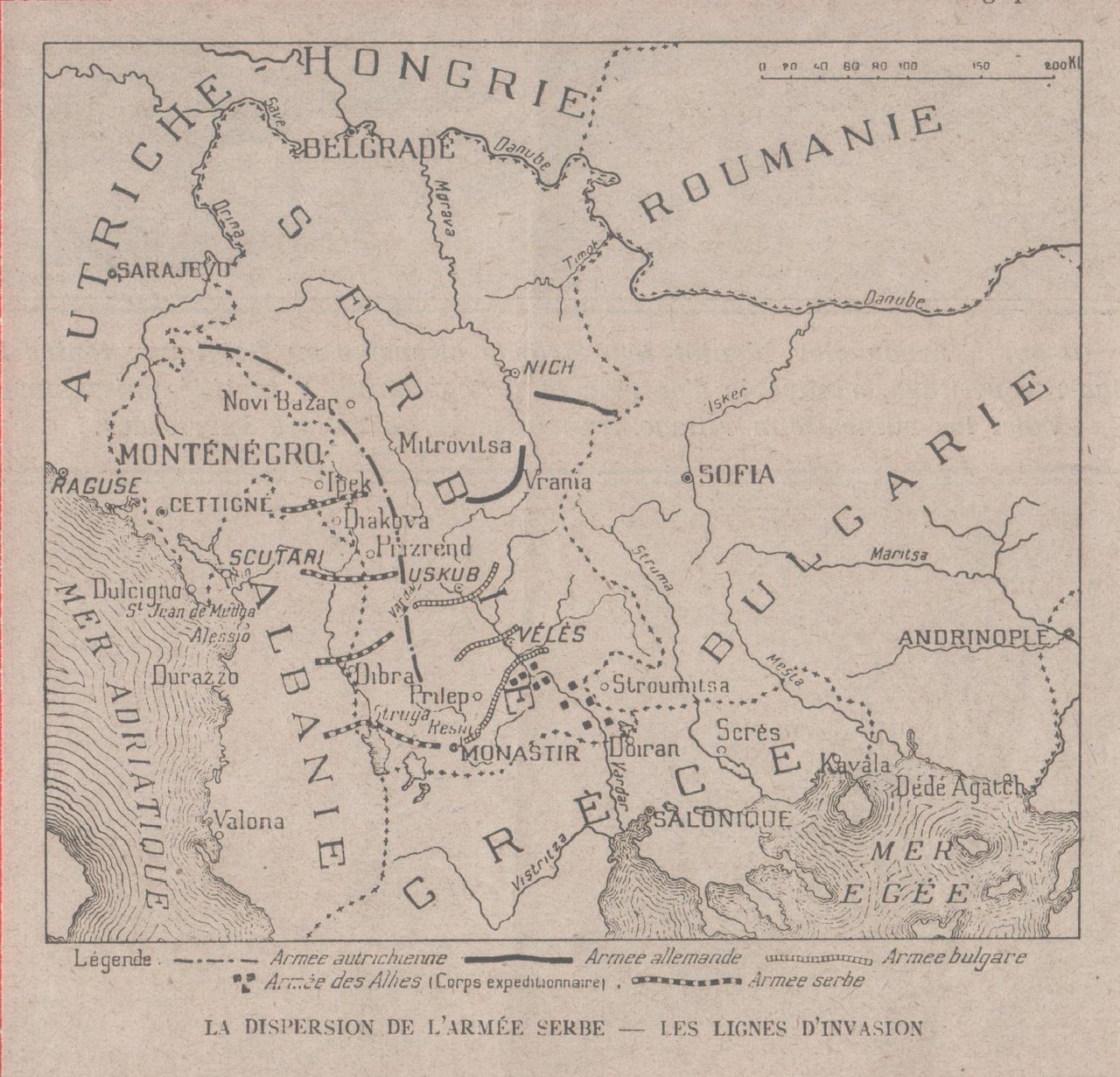 IWW. Dispersion de l'Armee Serbe Les lignes d'invasion. 1915 | Immagine principale