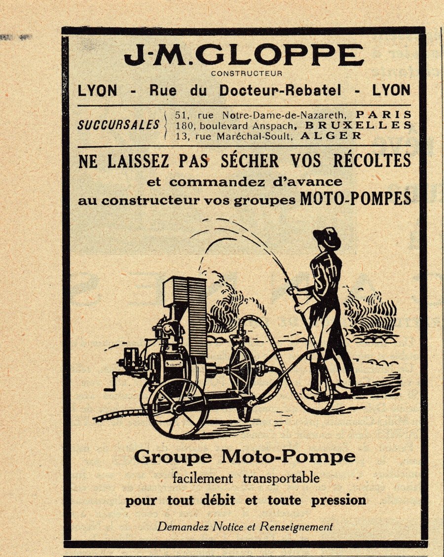 J-M. Gloppe. Groupe Moto-pompe. Advertising 1926