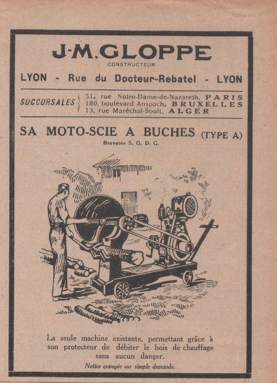 J-M Gloppe, Lyon. Moto-scie a buches. Advertising 1926