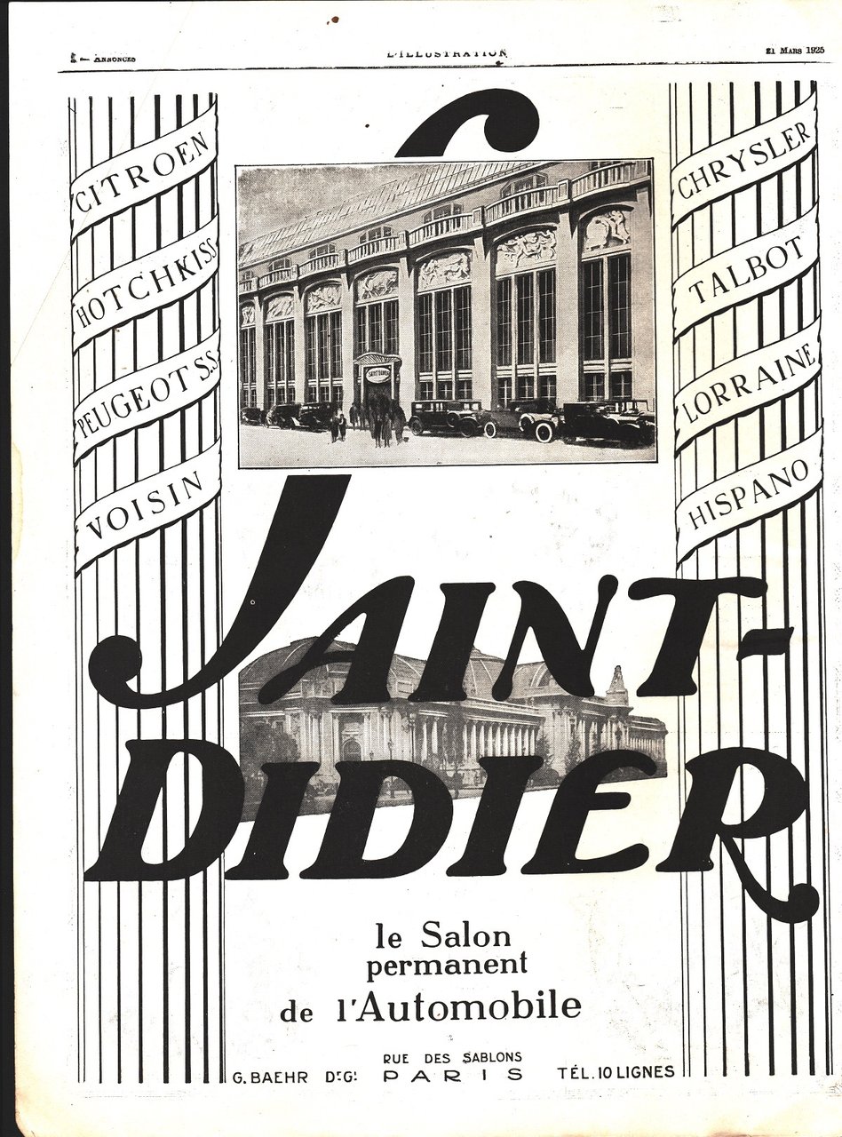 Jaint-Didier le salon permanent de l'automobile/Arys parfumes. Advertising 1925