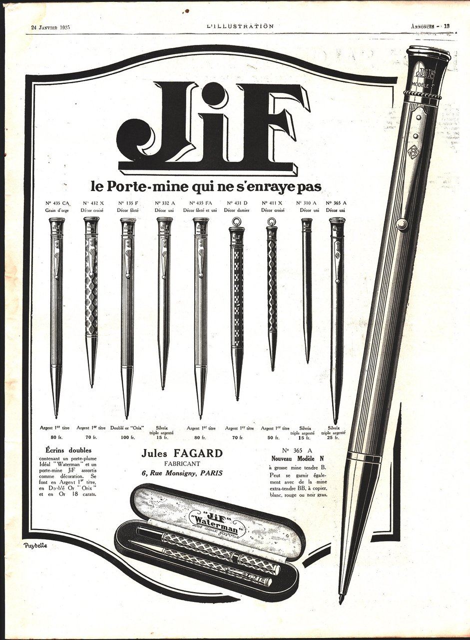 Jif la porte-mine qui ne s'enraye pas. Advertising 1925