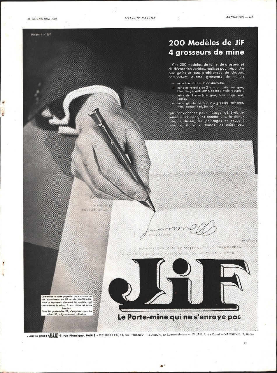 Jif le porte-mine qui ne s'enraye pas. Advertising 1932