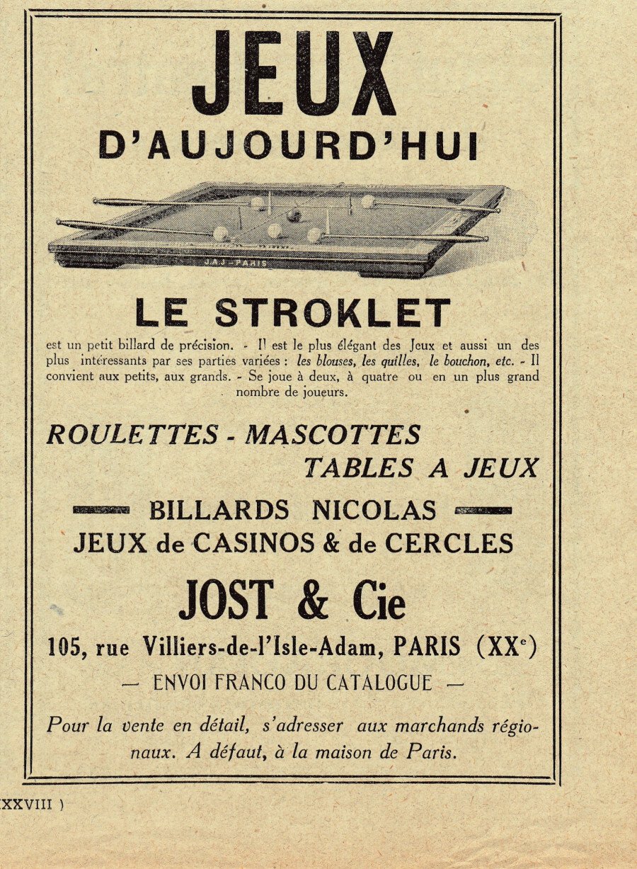 Jost &amp; Cie. Jaux d'aujourd'hui, le stroklet. Advertising 1926