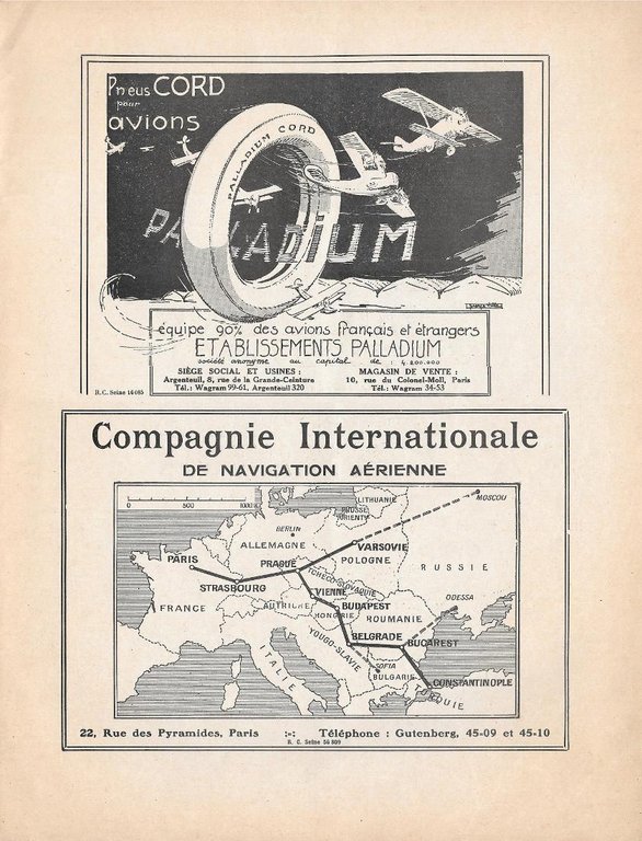 Junkers avions/Palladium Cord Pneus/Comp. Int. de Navigation aérienne. Advertising 1927 …