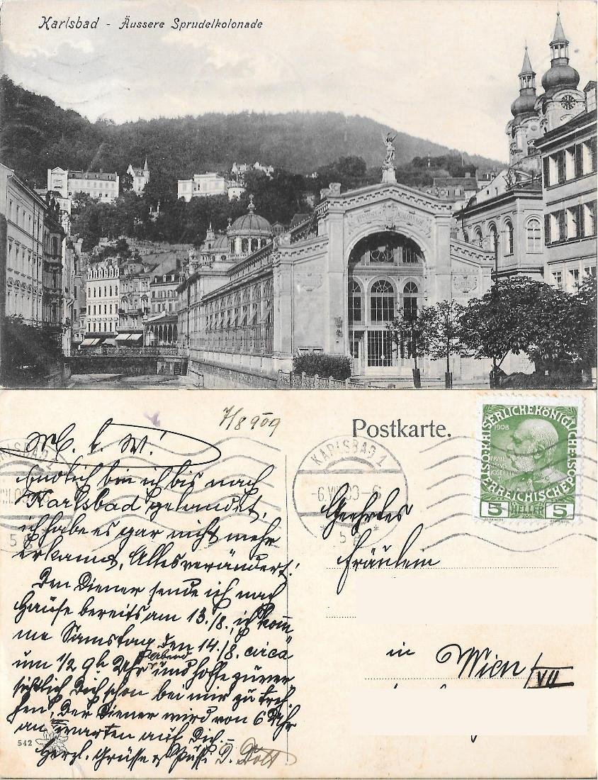 Karlsbad. Aussere Sprudelkolonnade. Viaggiata 1909
