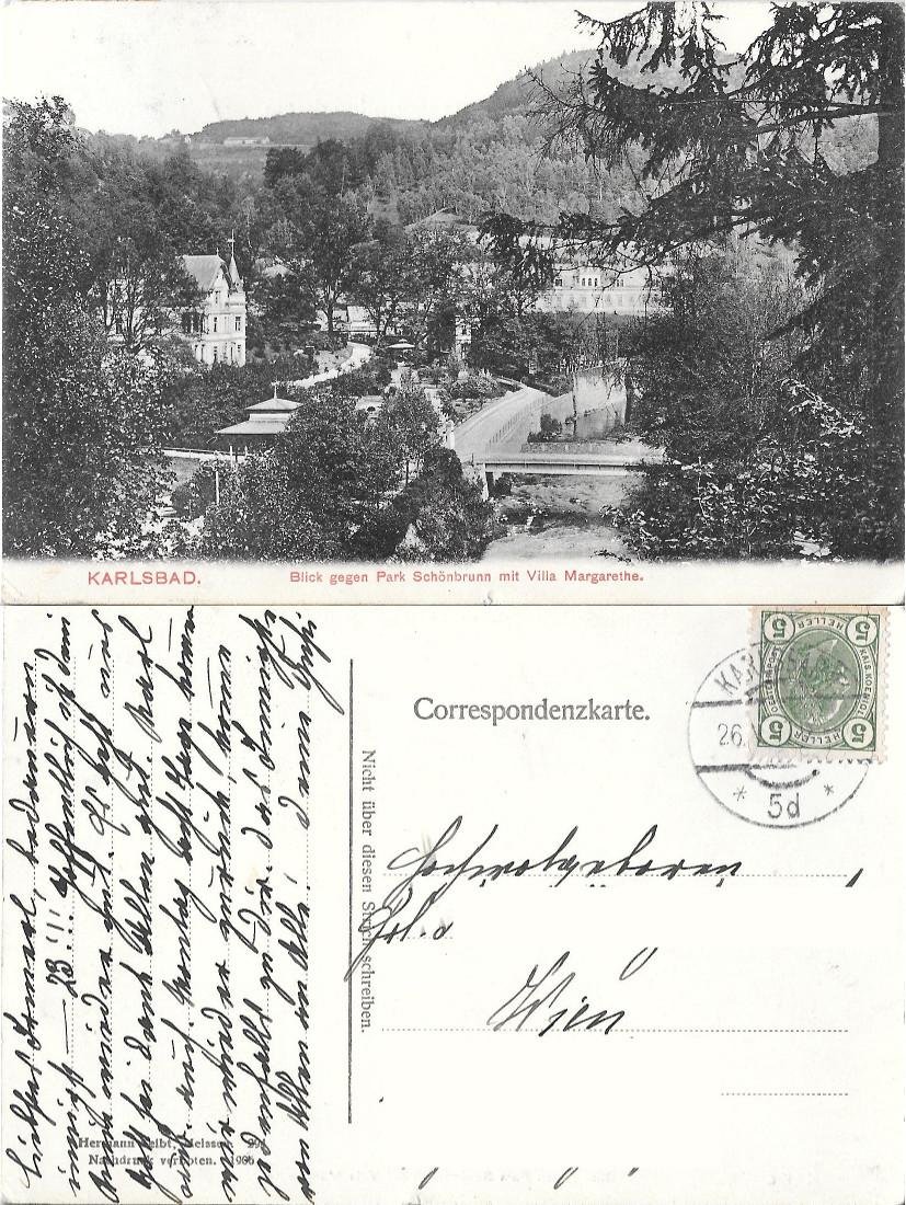 Karlsbad, Blick gegen Park Schönbrunn mit Villa Margarethe. Viaggiata