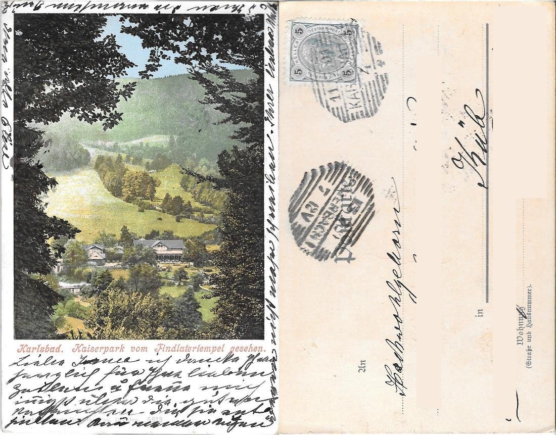 Karlsbad, Kaiserpark vom Findlatertempel gesehen. Viaggiata 1901