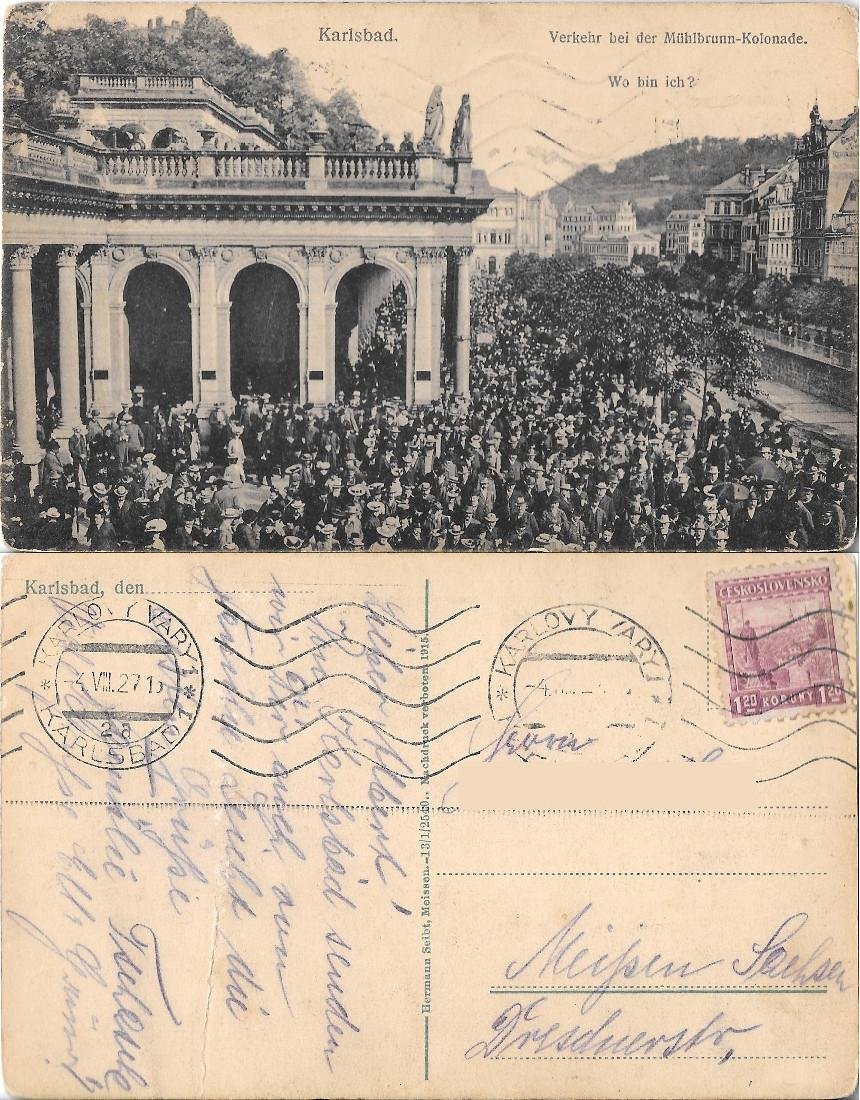 Karlsbad. Verkehr bei der Muhlbrunn-Kolonade. Wo bin ich? Viaggiata 1927