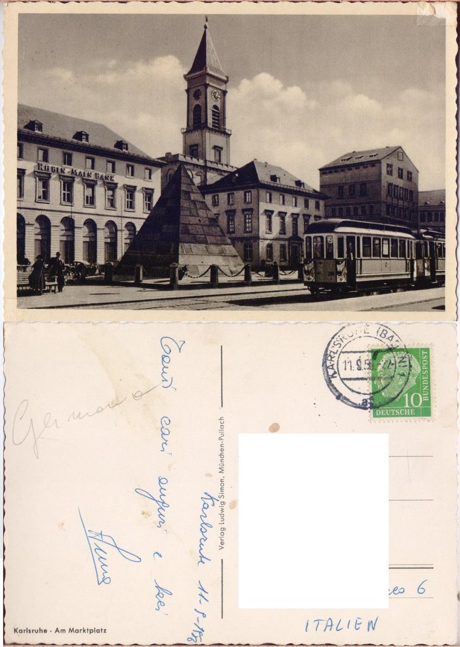 Karlsruhe. Am Marktplatz. Viaggiata 1956